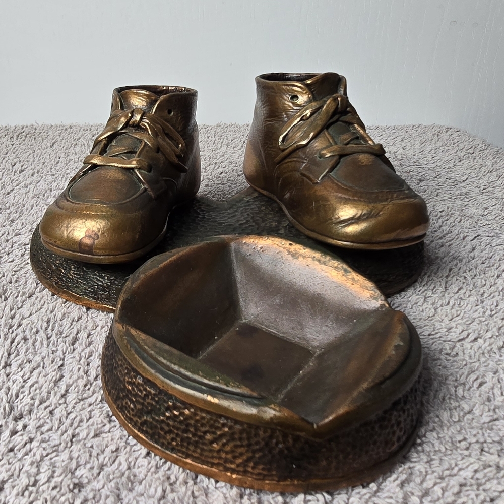 Vintage Bronze Baby Shoes and Ashtray Set